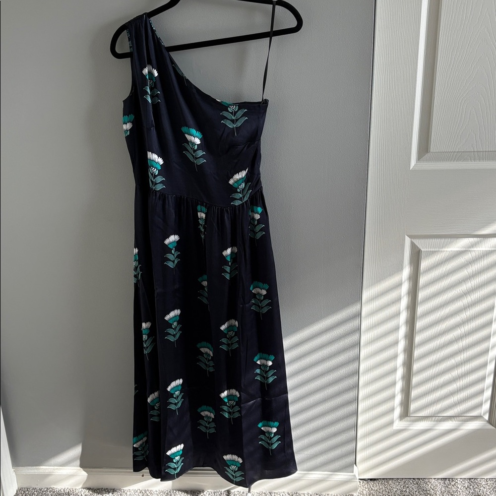 Ann Taylor One-Shoulder Navy Floral Dress 100% Silk